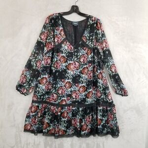 Maeve Anthropologie Dress Women Large Black Floral‎ Tiered Babydoll Dark Cottage